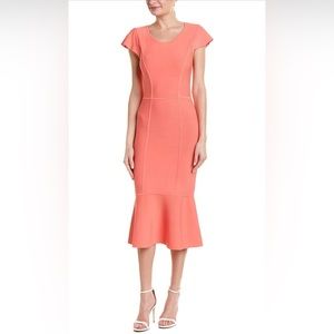 BCBGMaxazria coral midi length dress Short sleeve Silver zipper detail in back.